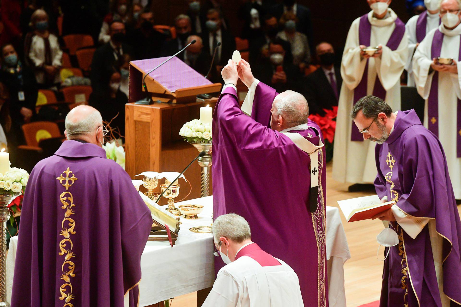 Pope Francis leads Holy Mass at the Megaron Concert Hall, in Athens