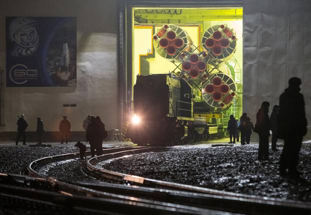 The Soyuz MS-20 spacecraft for the new International Space Station (ISS) crew is transported to the launchpad ahead of its upcoming launch, at the Baikonur Cosmodrome
