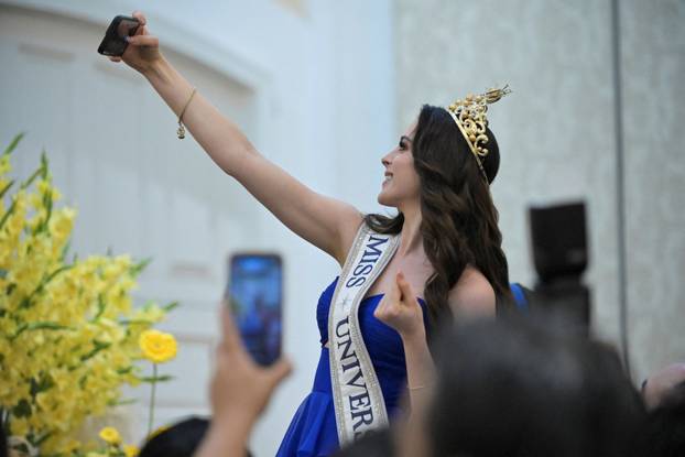 Miss Universe 2025 Mexican Fatima Bosch attends a press conference in Villahermosa