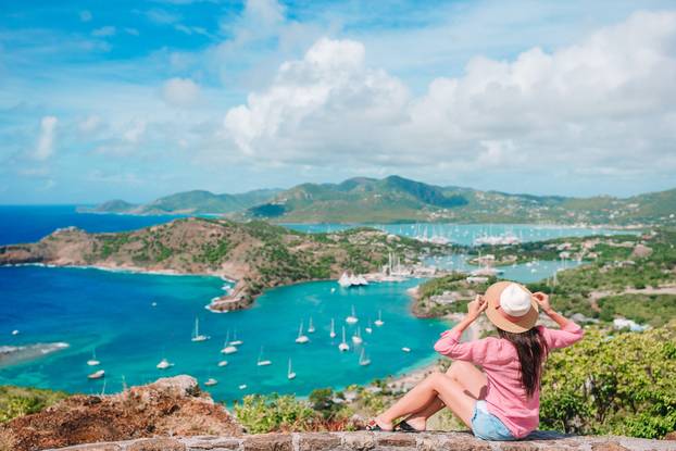 View of English Harbor from Shirley Heights, Antigua, paradise bay at tropical island in the Caribbean Sea