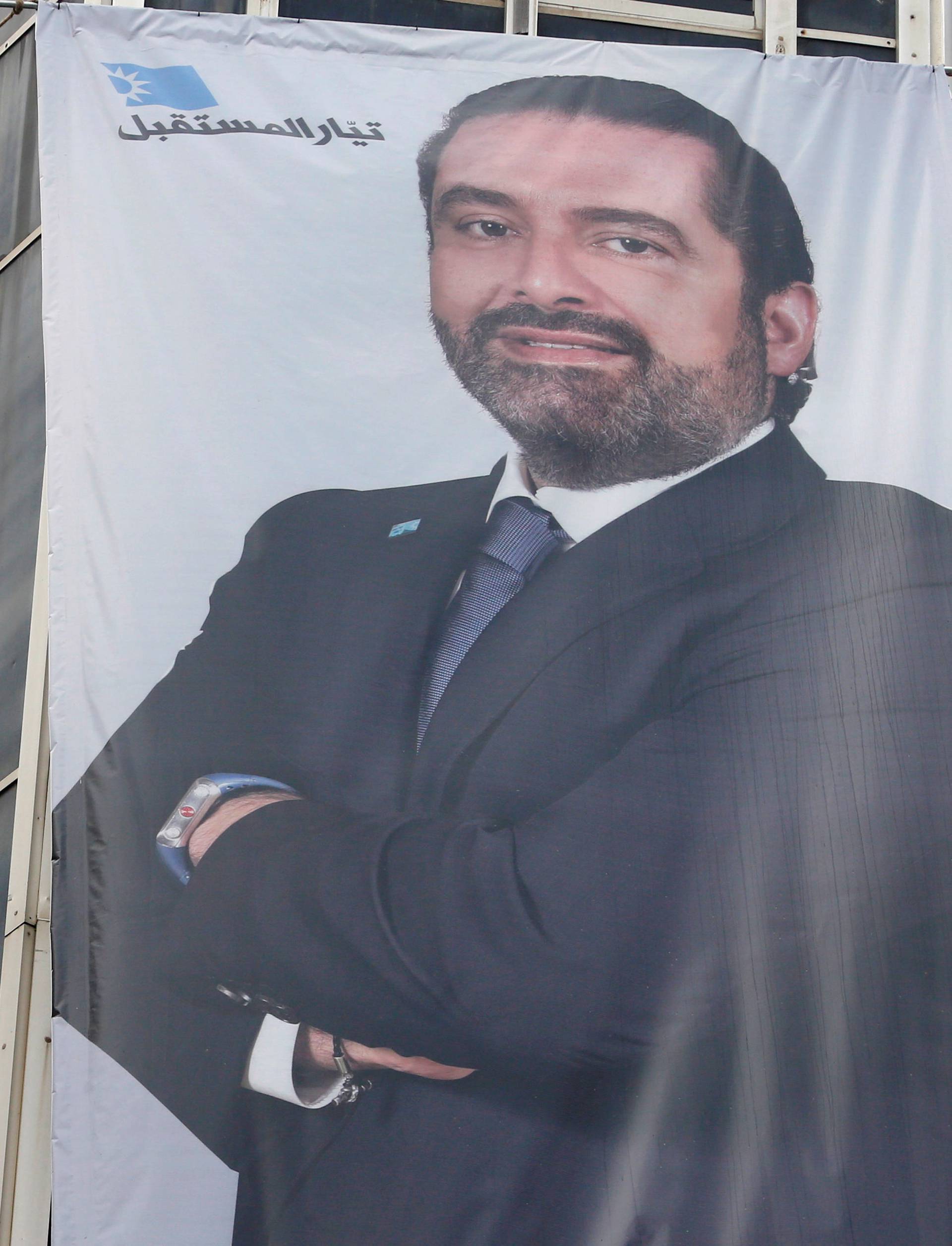 Lebanese PM Saad al-Hariri campaign poster hangs on building in Beirut