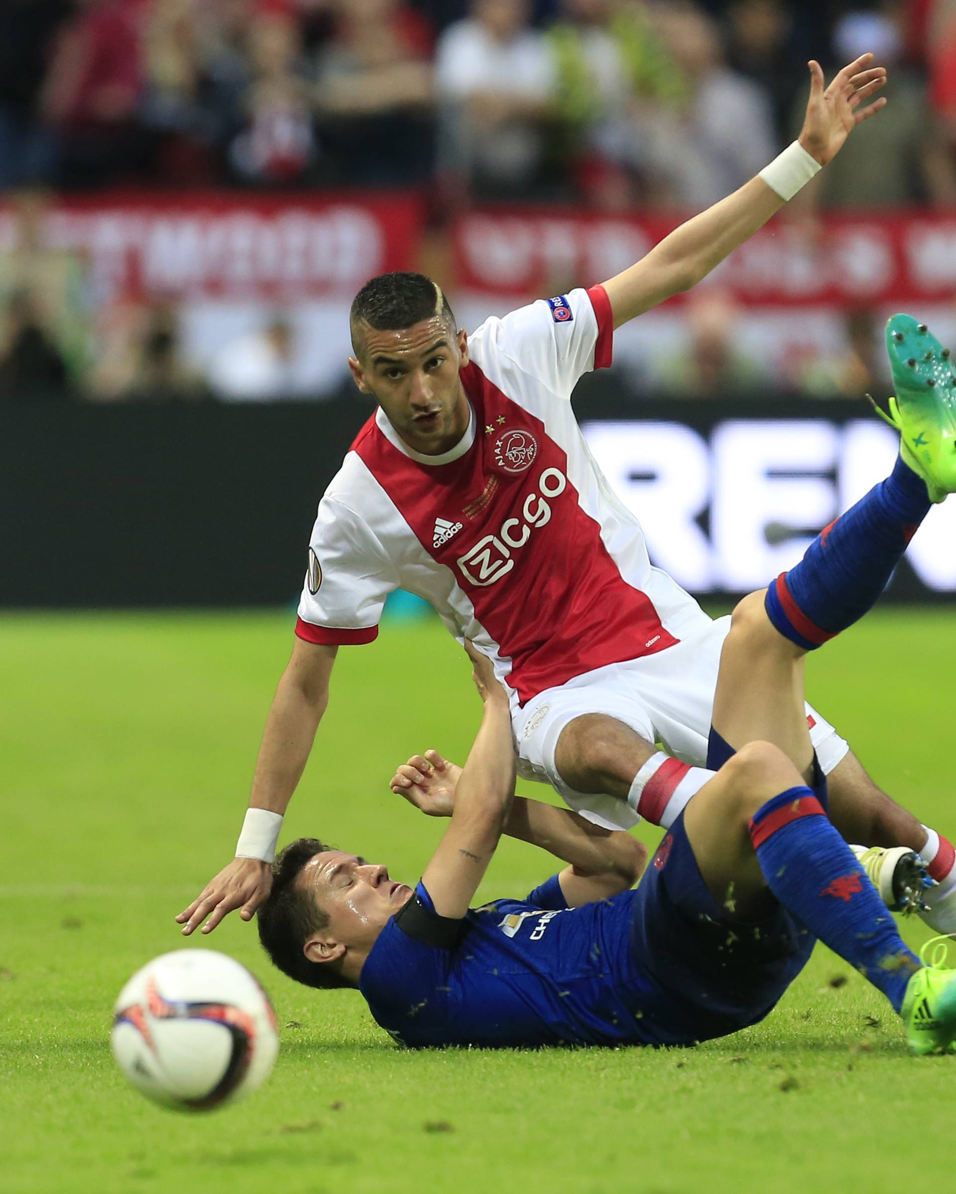 Ajax's Hakim Ziyech in action with Manchester United's Ander Herrera