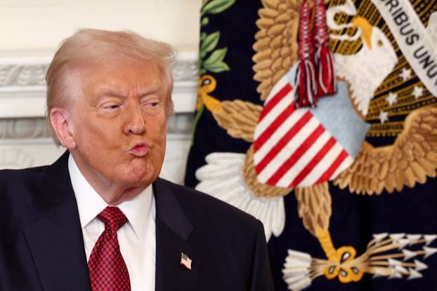 U.S. President Donald Trump speaks during a breakfast with Republican Senators at the White House