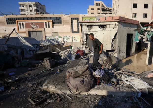 Aftermath of an overnight Israeli strike on a tent sheltering displaced people, in Gaza City