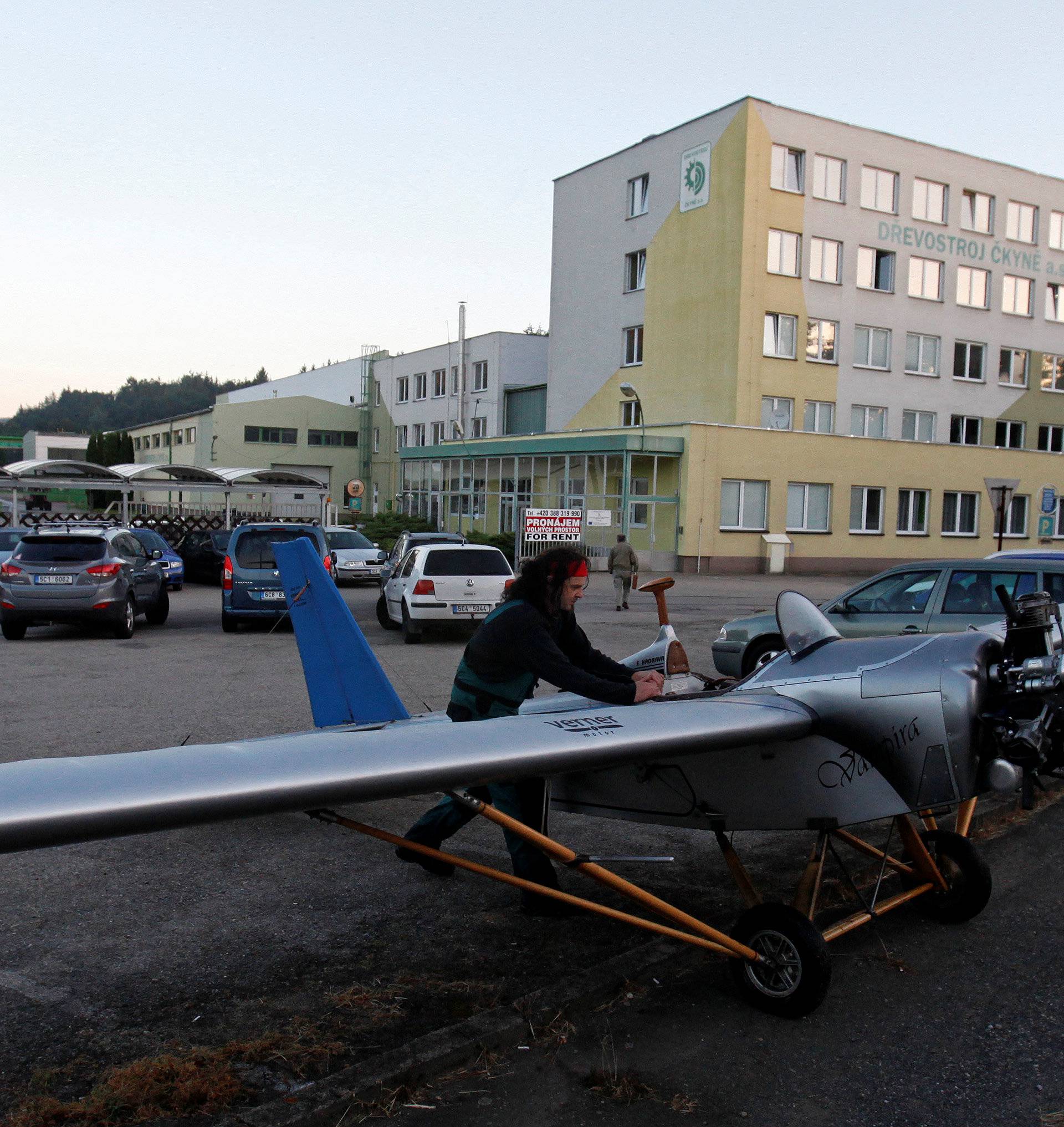 Aviator Frantisek Hadrava parks Vampira, an ultralight plane based on the U.S.-design of light planes called Mini-Max, near the town of Ckyne