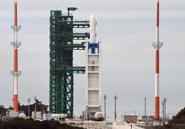 South Korea's domestically produced Nuri space rocket is on its launchpad at the Naro Space Center in Goheung County
