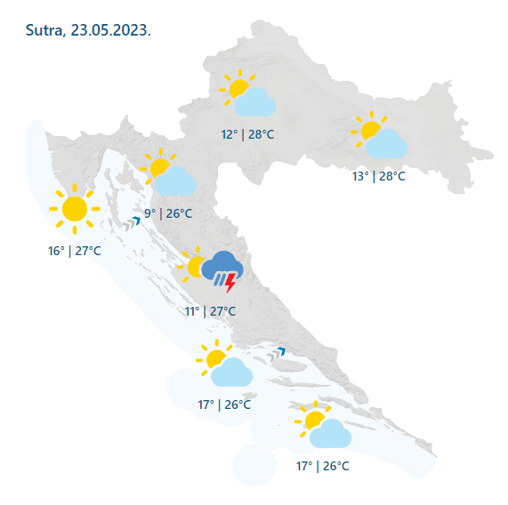 Temperature će u utorak ići i do 28 °C, a od sredine tjedna opet nestabilno uz grmljavinu i kišu