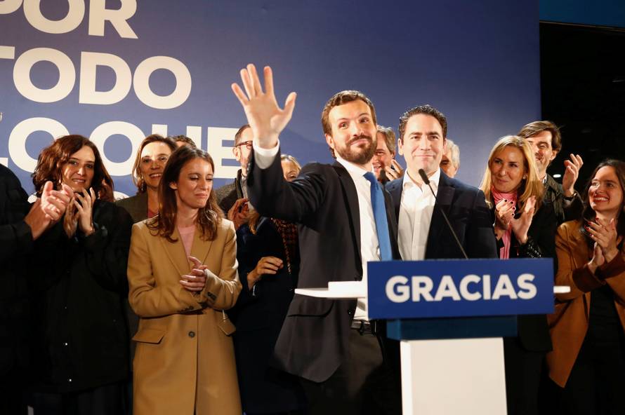 Spain's People's Party candidate Pablo Casado speaks to supporters at party headquarters during Spain's general election, in Madrid
