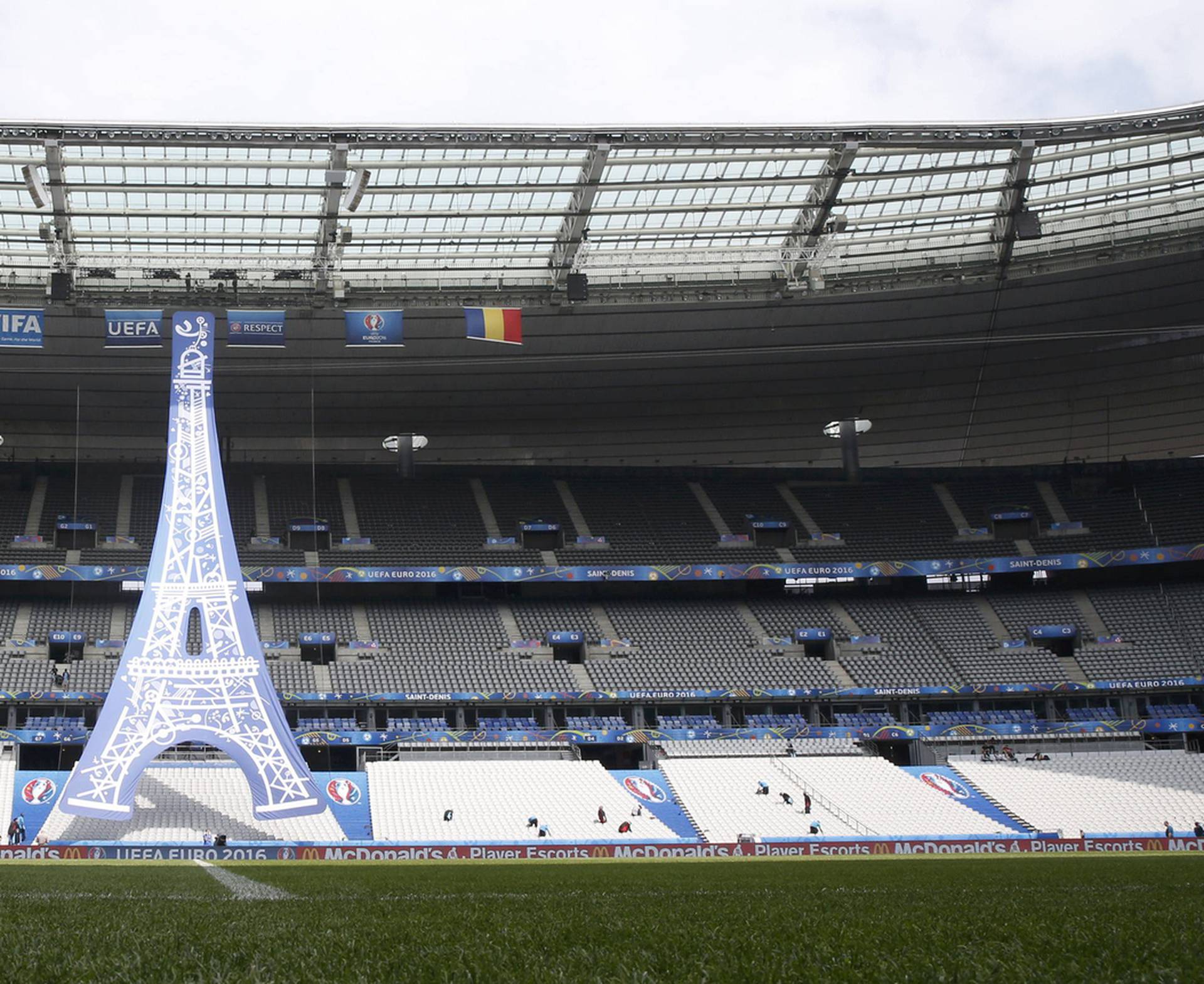 A huge banner of the Eiffel Tower is seen at the Stade de France in Saint-Denis before the start of the UEFA 2016 European Championship in Paris