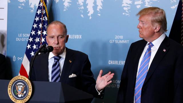 Larry Kudlow gives remarks during a a press briefing with U.S. President Donald Trump at the G-7 summit in the Charlevoix city of La Malbaie