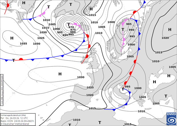 Slika 1. Prizemna prognosti&ccaron;ka karta za &ccaron;etvrtak, 26. o&zcaron;ujka 2026. u 13 h po lokalnom vremenu. Izvor: DWD