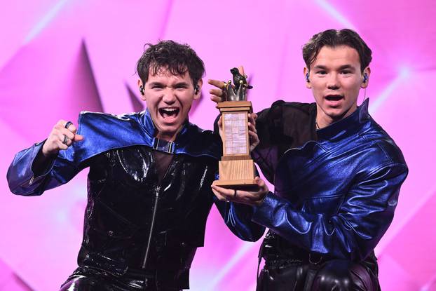 Marcus and Martinus celebrate winning the final of 'Melodifestivalen' at Friends Arena in Solna, Stockholm