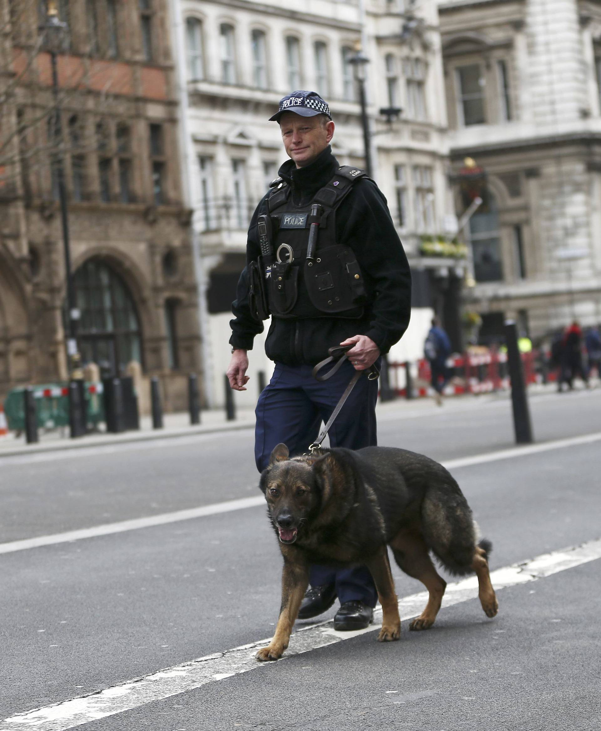 A police officer patrols Whitehall with a dog the morning after an attack in London