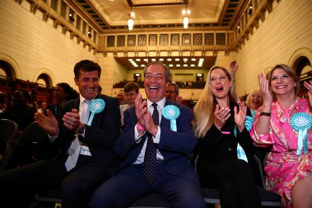 Brexit Party leader Nigel Farage reacts to the results for the European Parliamentary election in Southampton