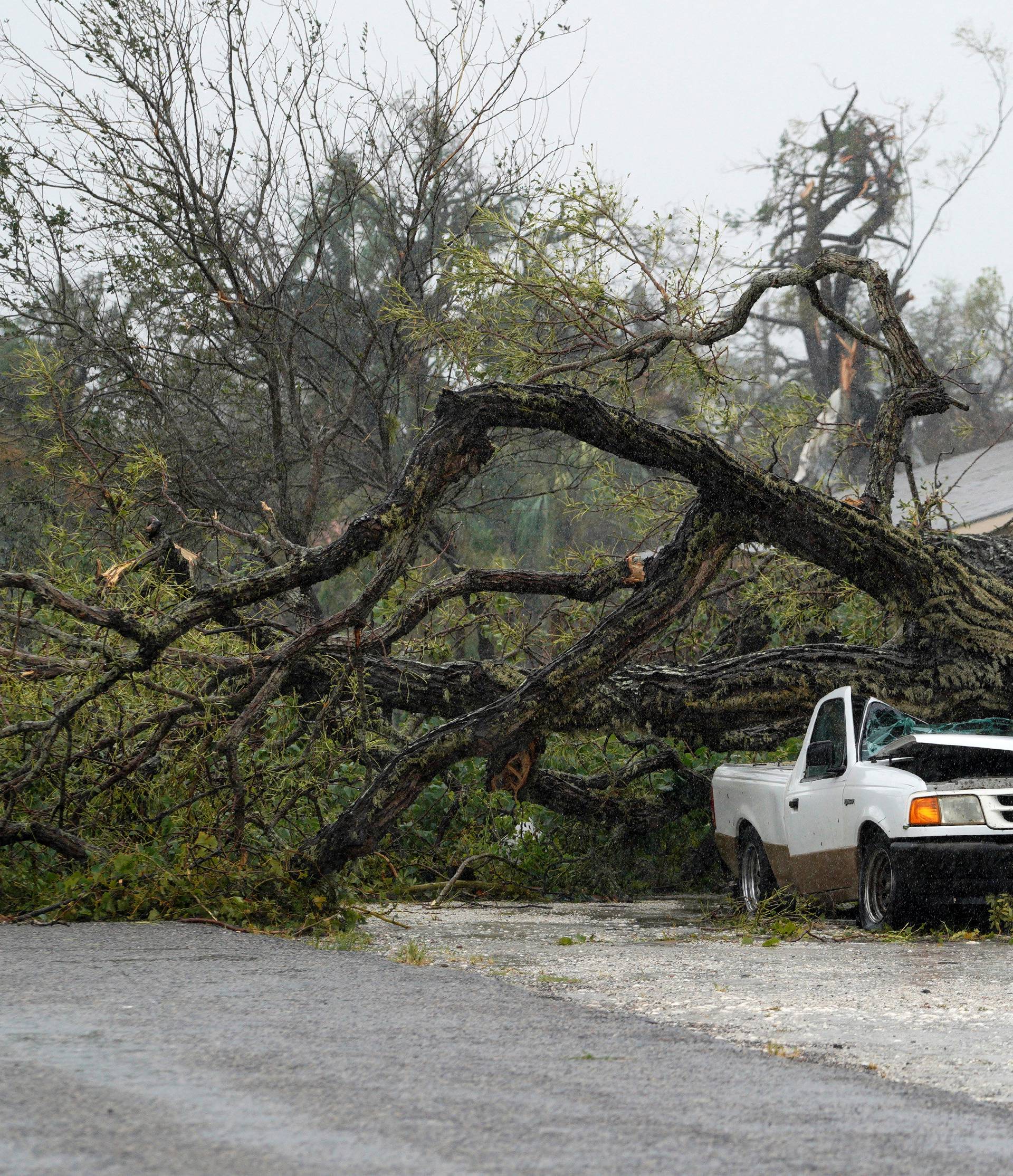 A car is crushed by a huge tree after Hurricane Harvey struck in Rockport