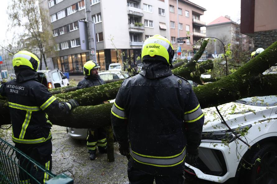 Zagreb:  Nevrijeme i jak vjetar ruše drveće koje pada po automobilima 