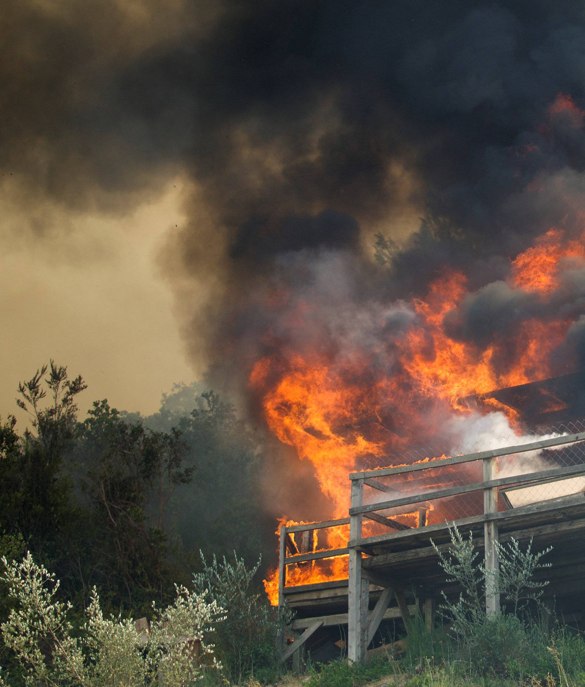 A cabin burns during a forest fire at Lustica peninsula near Tivat