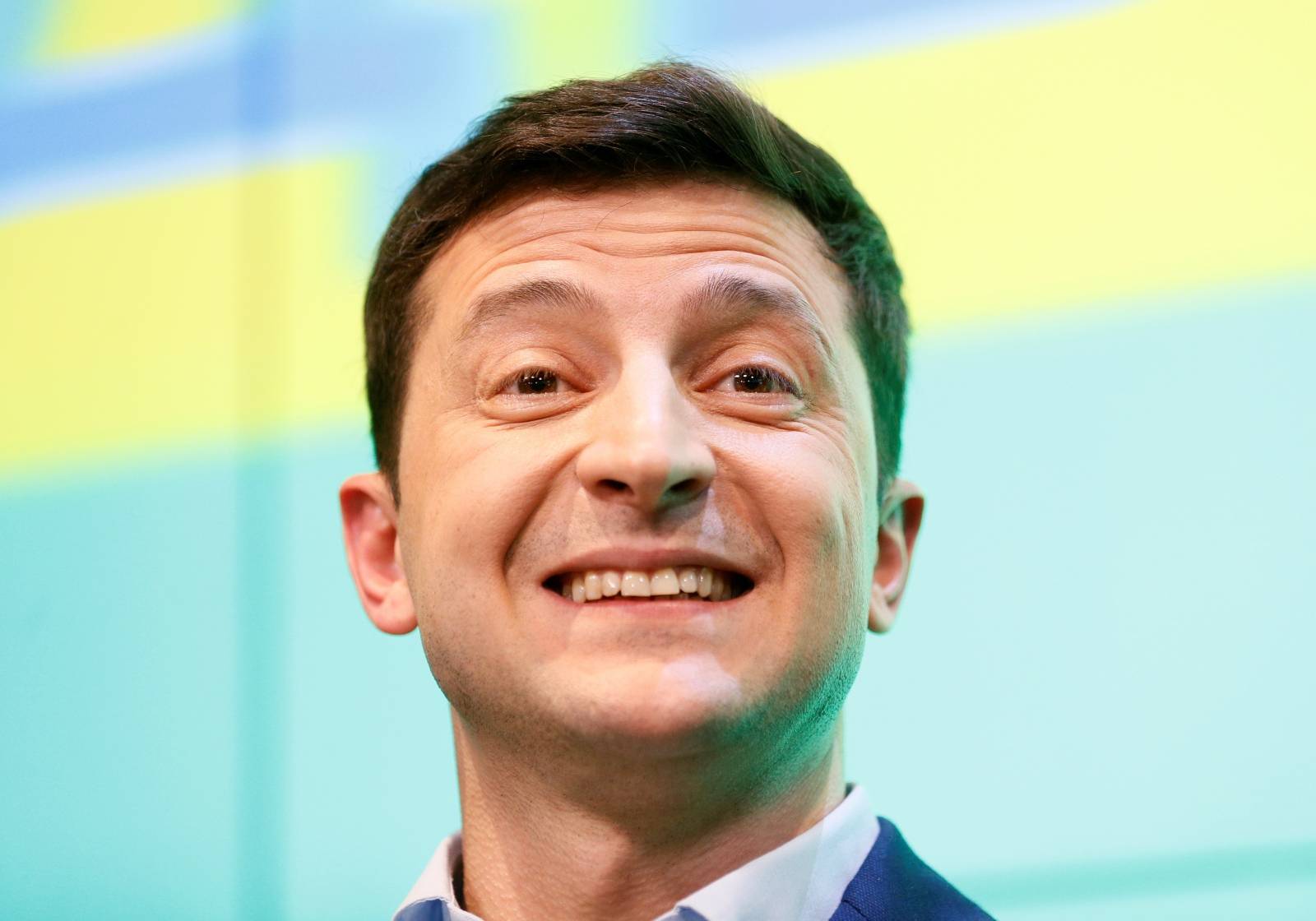 Ukrainian presidential candidate Zelenskiy reacts during a news conference in Kiev