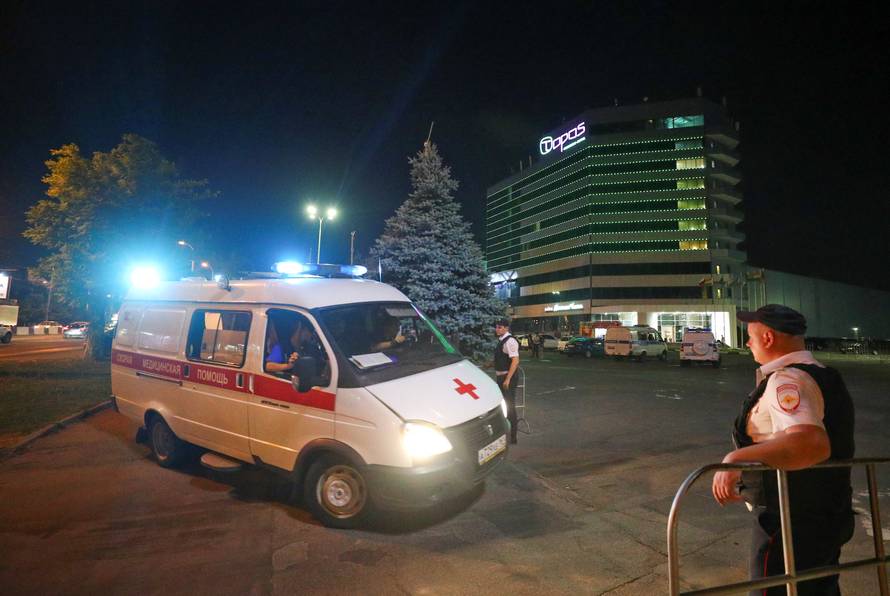 Ambulance arrives at the Topos Congress hotel in the soccer World Cup host city of Rostov-on-Don