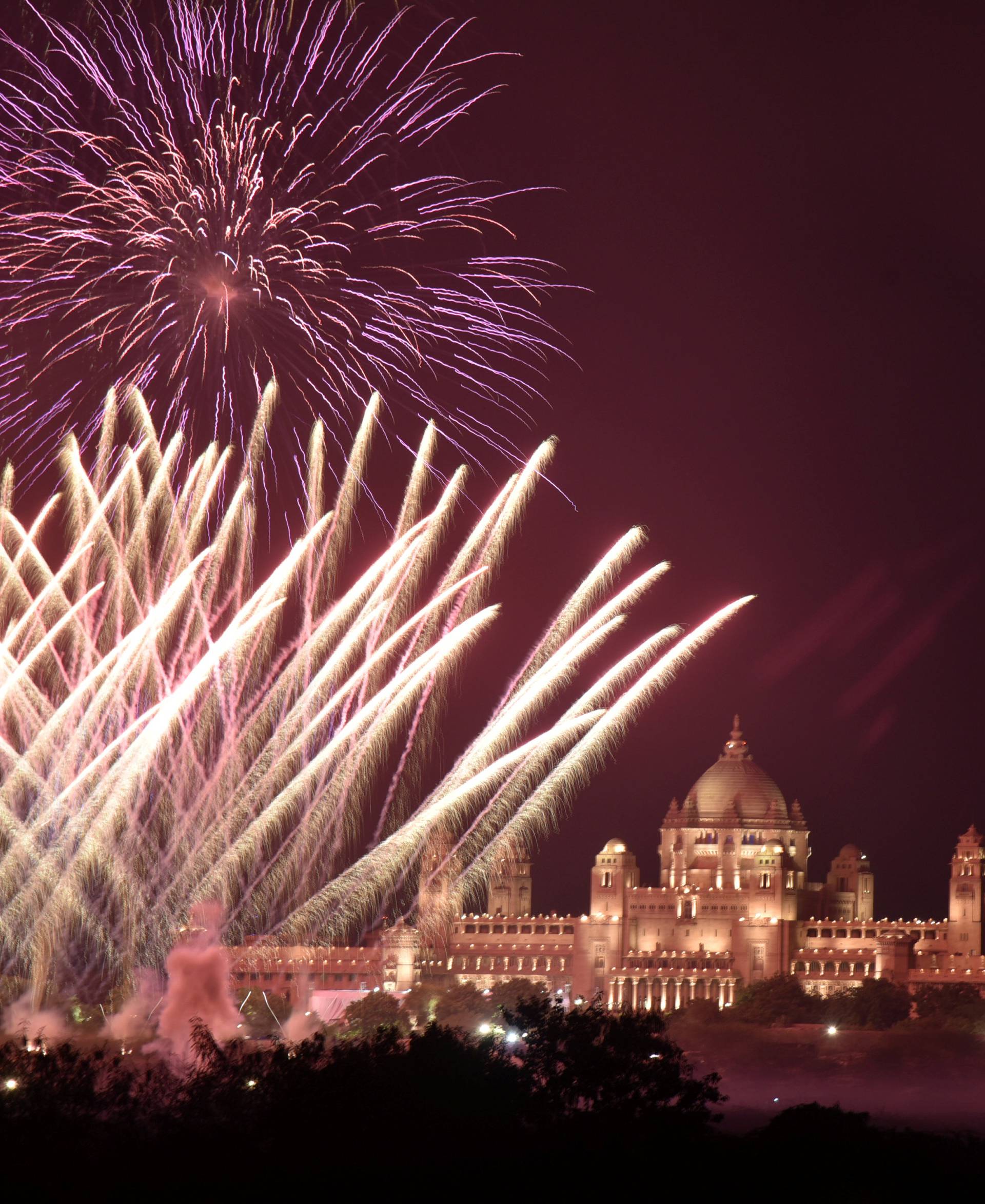 Fireworks explode in the sky over Umaid Bhawan Palace, the venue for the wedding of actress Priyanka Chopra and singer Nick Jonas, in Jodhpur