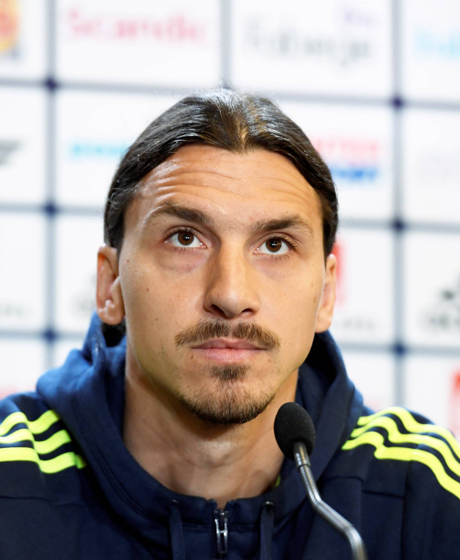 Sweden's forward and team captain Zlatan Ibrahimovic attends a press conference in Bastad
