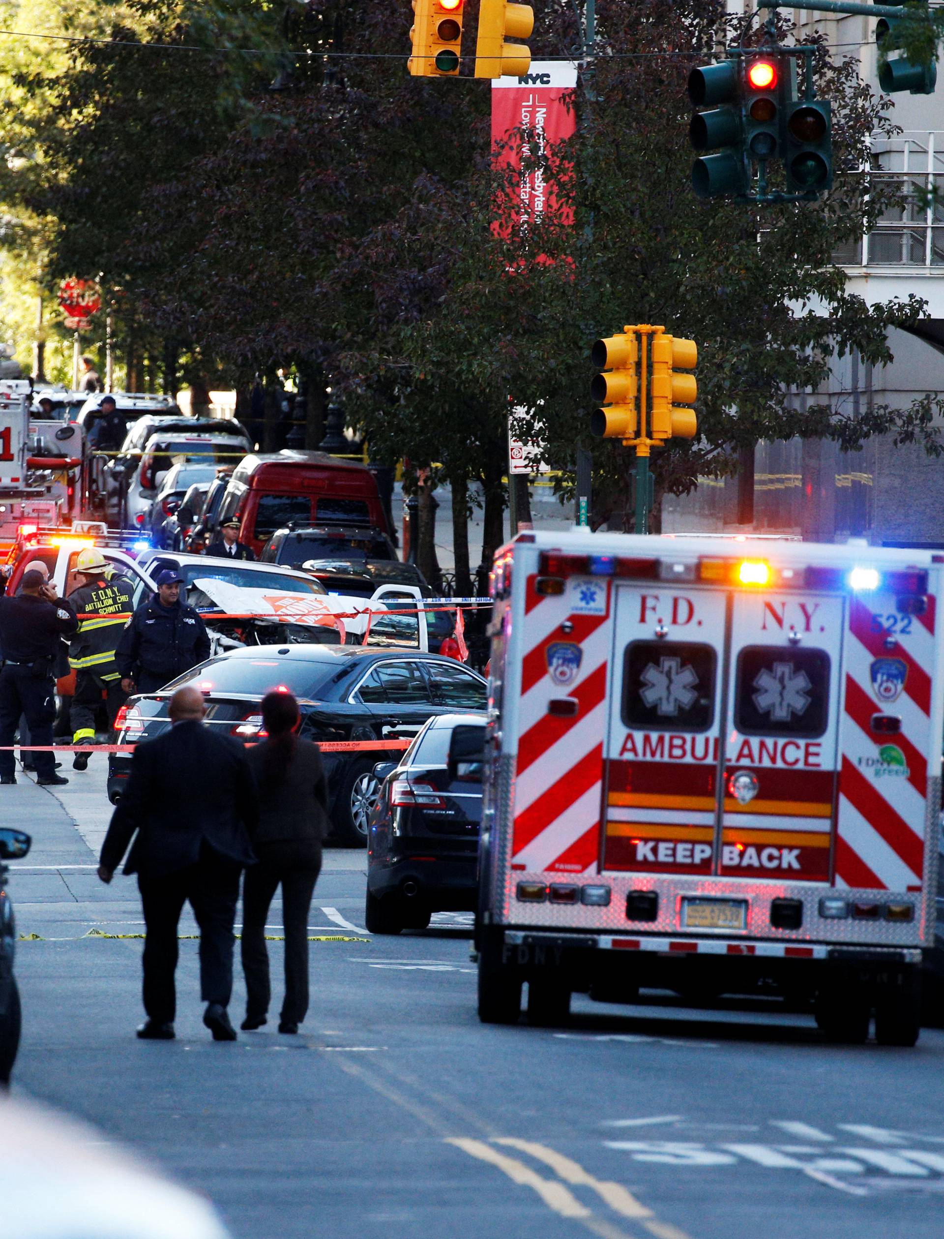 A Home Depot truck which struck down multiple people on a bike path killing several and injuring numerous others is seen in lower Manhattan in New York