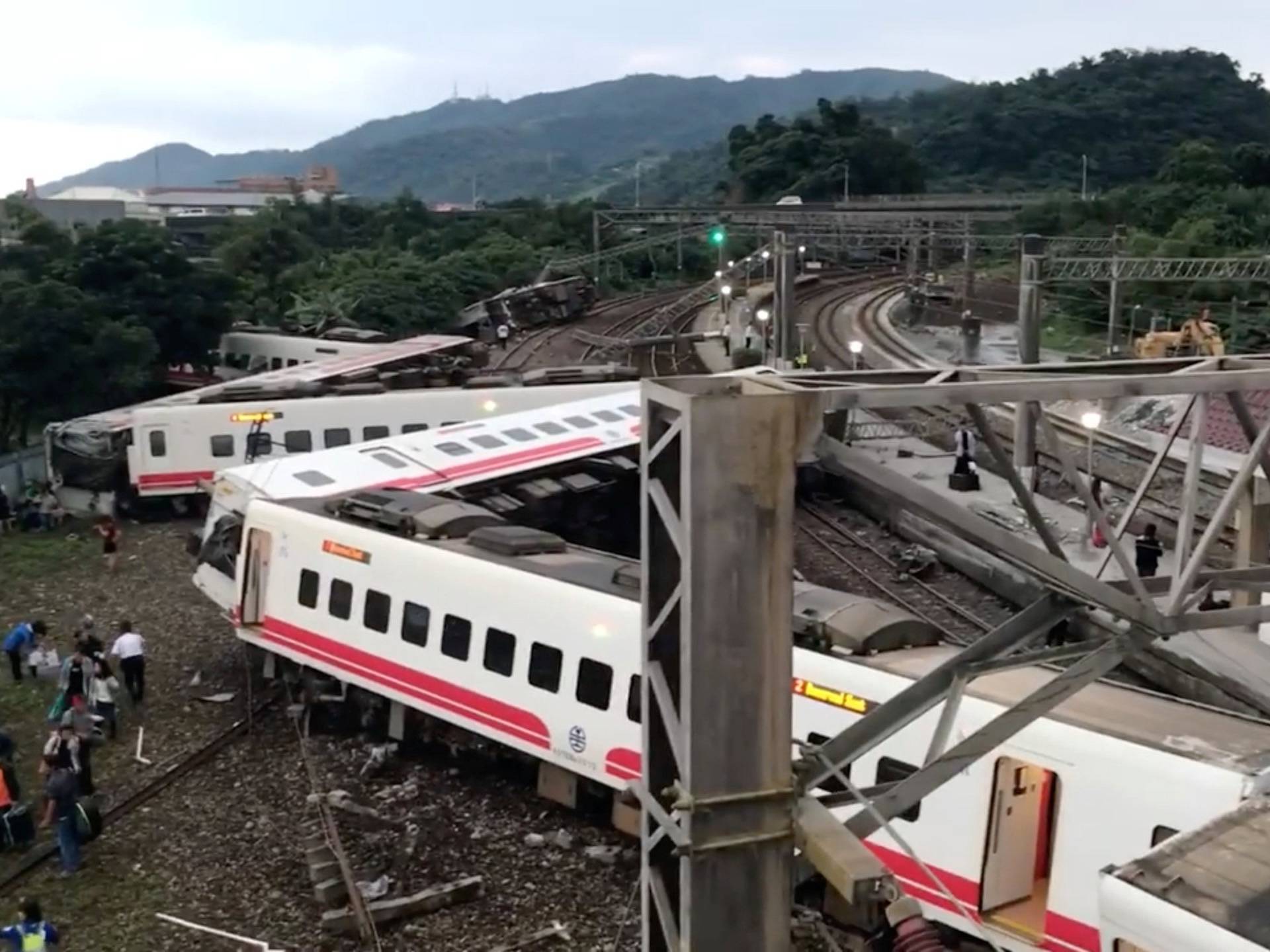 The wreckage of a train which had overturned is pictured during a rescue operation in Yilan County, Taiwan