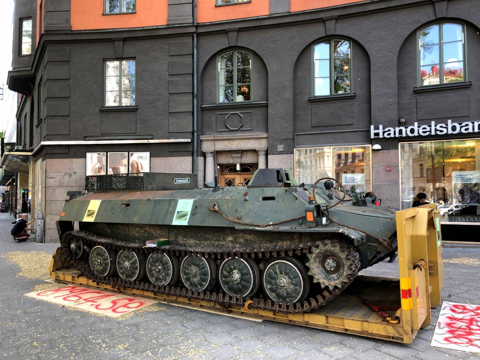 A tank, rented by a Chinese dissident group to mark the 30th anniversary of the crackdown on pro-democracy protests in Tiananmen Square, is parked on a street in Stockholm