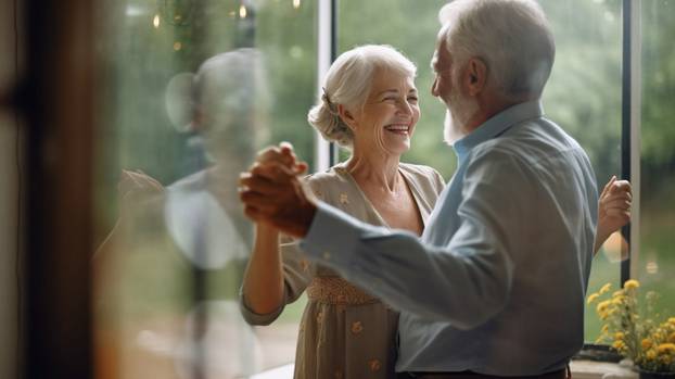 Generative AI shows a senior couple dancing behind glass next to