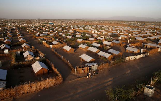 An aerial view shows recently constructed houses at the Kakuma refugee camp in Turkana county, northwest of Nairobi