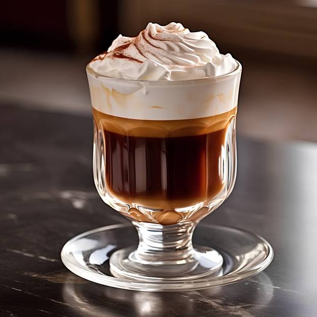 Coffee with whipped cream in a glass on a dark background