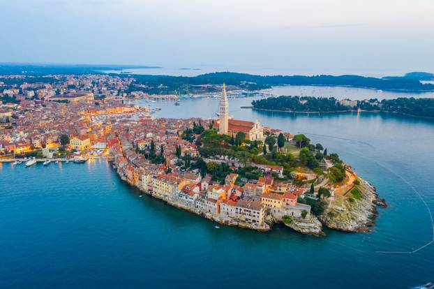 Sunset aerial view of Croatian town Rovinj