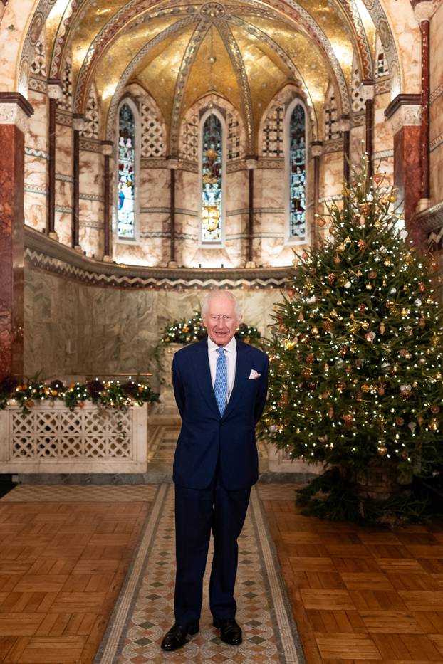 Britain's King Charles attends the recording of his Christmas message at the Fitzrovia Chapel in London