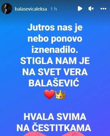 Balaševićev sin postao je otac: 'Stigla nam je na svijet Vera!'