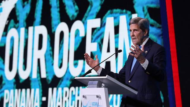 U.S. Special Envoy for Climate John Kerry speaks during the 2023 Our Ocean Conference, in Panama City
