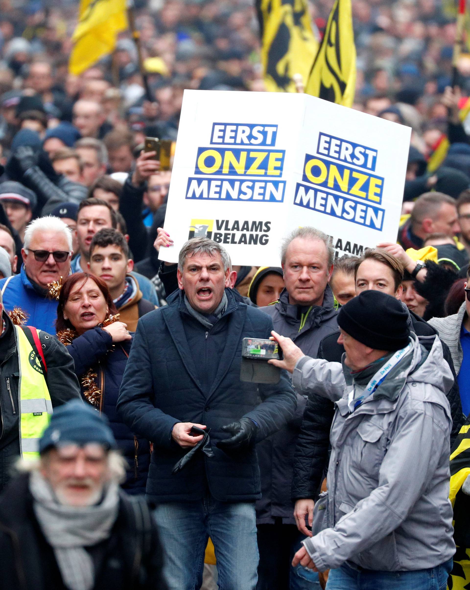 Flemish right-wing party President Filip Dewinter attends a protest against Marrakesh Migration Pact in Brussels