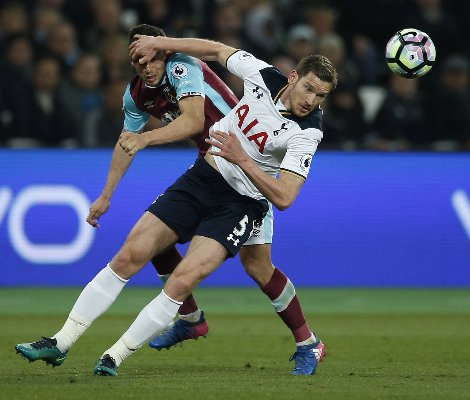 West Ham United's Jonathan Calleri in action with Tottenham's Jan Vertonghen