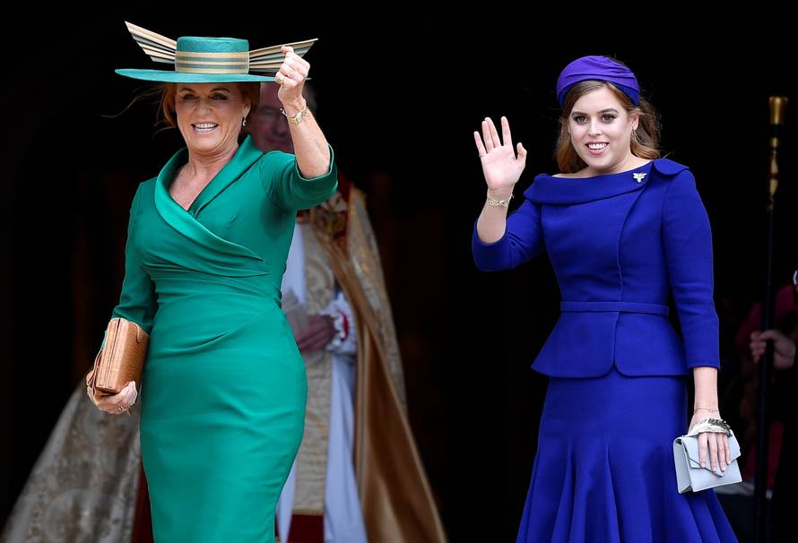 Princess Beatrice and Sarah Ferguson arrive at Windsor Castle for the royal wedding of Britain's Princess Eugenie and Jack Brooksbank in Windsor