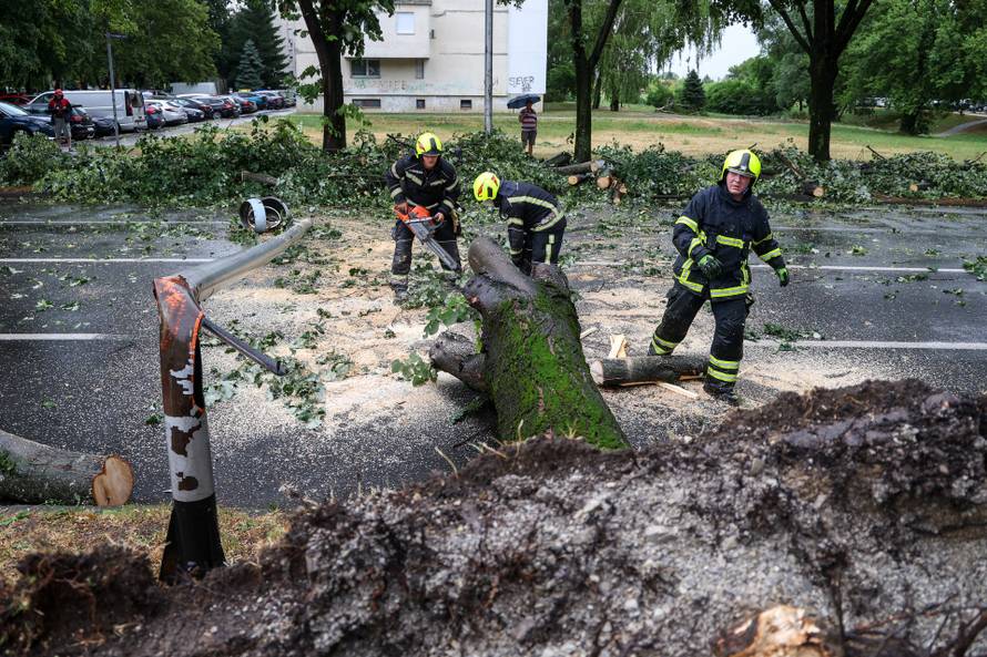 Zagreb: Vatrogasci uklanjaju stablo koje je palo u Ulici Svetog Mateja