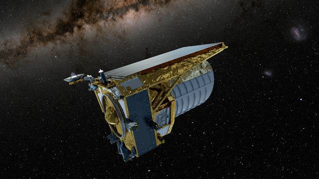 An artist's concept shows the Euclid space telescope, built by the European Space Agency (ESA), in operation